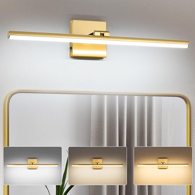 24 Inch LED Bathroom Vanity Light (3000K/4000K/6000K, Dimmable), Brass Modern Bathroom Light Fixture Over Mirror, Vanity Light Bar with Angle Adjustable