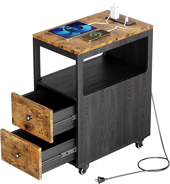Narrow End Table with Charging Station and Wheels, Movable Narrow End Table with USB Ports and Outlets for Small Space, Living Room, Bedroom and Office, with 4 Wheels ( Rustic Brown + Black)