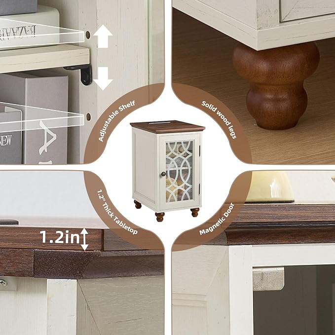 Narrow Side Table with Charging Station Set of 2, Night Stand with Glass Door,Bedside End Tables with Adjustable Shelf Storage Cabinet,Wood Nightstand for Small Spaces Living Room Bedroom