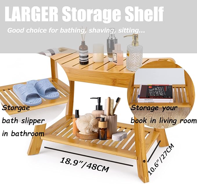 VVW Bamboo Shower Bench & Stool with Storage Shelf, Bath Benches for Inside Shower, Bathroom Stools 2-Tier Spa Seat for Adults Elderly (Beige)