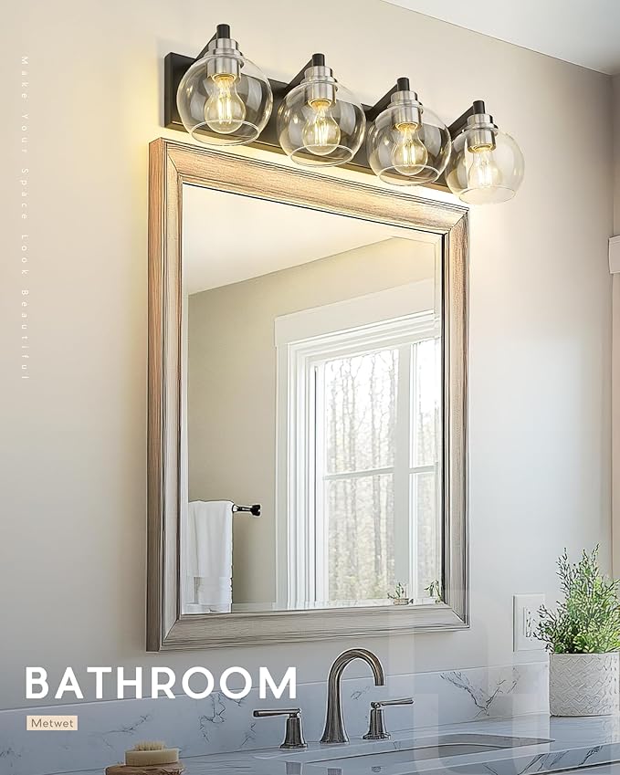 Bathroom Light Fixtures, 4-Light Black and Brushed Nickel Bathroom Vanity Light, 26 Inch Modern Wall Sconces with Globe Clear Glass Shade, Vanity Lighting Fixtures Over Mirror, VL195-KN-4