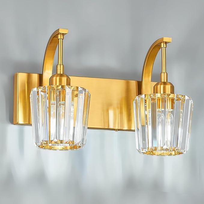 Modern Bathroom Vanity Light, 2-Light Gold Wall Sconce with Crystal Accents, Over Mirror Bathroom Lighting Fixture, 13.77" Long Dimmable Vanity Lamp for Makeup, Easy Installation