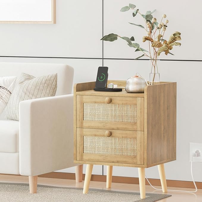 Rattan Nightstand with Charging Station, Mid Century Modern Bedside Side Table with 2 Drawers, Boho End Table with Wood Legs for Bedroom Natural Night Stand for Living Room