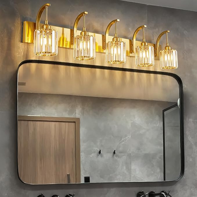 5-Light Crystal Vanity Light, Modern Gold Bathroom Wall Sconce with K9 Crystal Shades, 42.51" Long Over Mirror Lighting for Vanity, Makeup, Hallway, Elegant & Easy Installation
