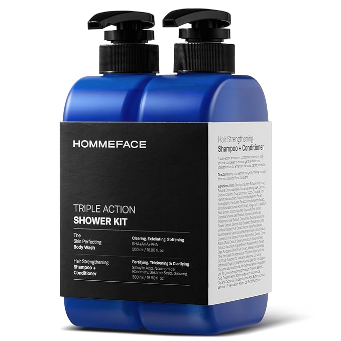 HOMMEFACE Men’s Triple Action Shower Kit - 2 Piece Set with 2-in-1 Hair Strengthening Shampoo + Conditioner & Body Wash with Pump - Korean Skincare Technology for Body Acne and Scalp Health