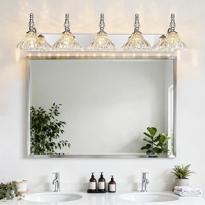 Vintage Bathroom Vanity Light, 5-Light Chrome Vanity Lighting Fixture with Flower Glass Shade, Bathroom Lighting Fixtures Over Mirror