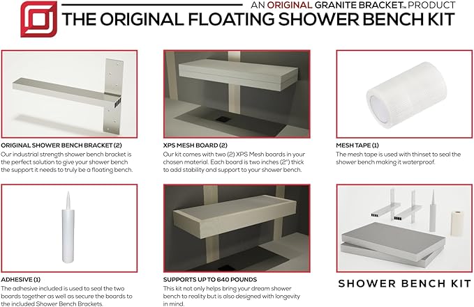 Floating Shower Bench Kit with Orange Waterproof Foam Board and Original Shower Bench Bracket® (10.25x46)-Great for New Constructions or Bathroom Renovations, Ready to Tile Shower Bench
