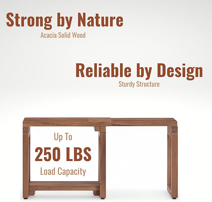 Tranquillo 29 Inch Teak Shower Bench Chair – Waterproof Shower Bench - Adjustable Length 29 Inches Shower Stool Bench Chair Waterproof with Storage Shelf, Teak