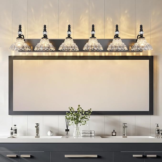 Vintage Bathroom Vanity Light, 6-Light Black Vanity Lighting Fixture with Flower Glass Shade, Bathroom Lighting Fixtures Over Mirror