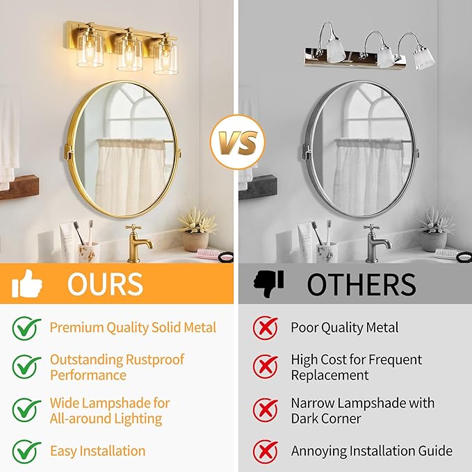 3 Light Modern Bathroom Light Fixtures Over Mirror, Brass Finish Vanity Lights for Bathroom Wall Sconces with Clear Glass Shades, E26 Socket (Bulbs Not Included)