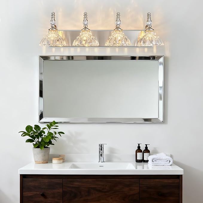 Vintage Bathroom Vanity Light, 4-Light Brushed Nickel Vanity Lighting Fixture with Flower Glass Shade, Bathroom Lighting Fixtures Over Mirror