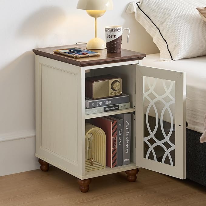 Narrow Side Table Set of 2 with Glass Door, 18 x 14'' Night Stand with Adjustable Shelf Storage Cabinet Organizer, Bedside End Tables Wood Nightstand for Small Spaces Living Room Bedroom