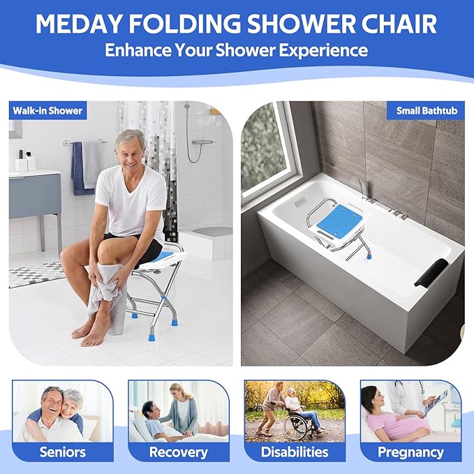 Folding Shower Seat - Stainless Steel Shower Chair for Inside Shower - 420lbs Height Adjustable Foldable Shower Stool - Portable Travel Collapsible Bath Bench for Elderly, Handicap & Disabled (White)