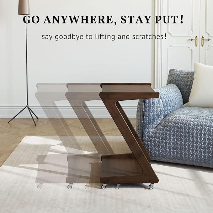 ZIYOO Solid Wood Rolling End Table with Lockable Wheels, Bamboo Couch Side Table That Slides Under Sofa/Bed, Mobile Snack Table for Living Room, Bedroom, Small Spaces, Walnut