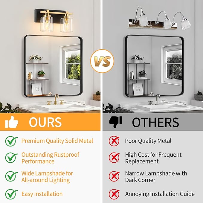 2 Light Modern Bathroom Light Fixtures Over Mirror, Black Gold Vanity Lights for Bathroom Wall Sconces with Clear Glass Shades, E26 Socket (Bulbs Not Included)