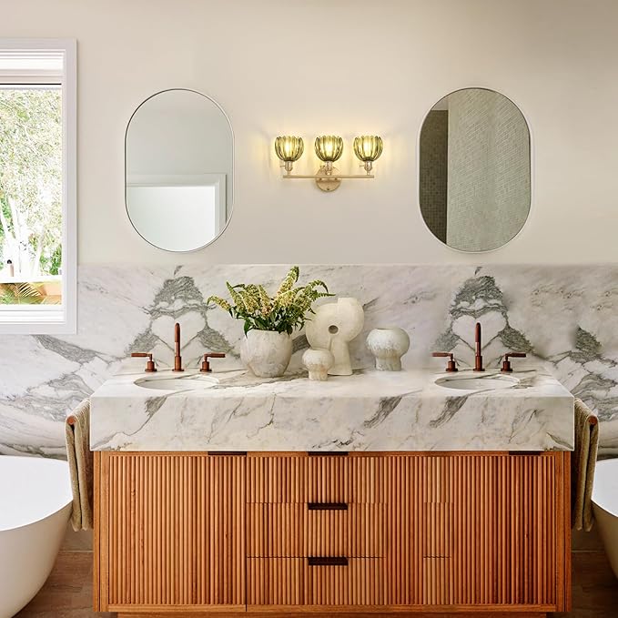 Bathroom Light Fixtures, 3-Light Brass Vanity Wall Light Over Mirror with Green Tulip Glass Shade for Bedroom Living Room (Bulb Not Included)