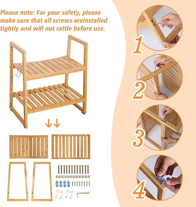 VVW 21.6 Inch Bamboo Shower Bench Seat Chair Stool with Arms for Inside Shower, Heavy Duty Spa Bath Chair with 2 Movable Hooks, Non-Slip Feet for Bathroom Accessories (Beige)