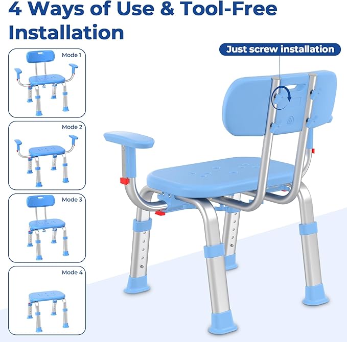 KingPavonini Shower Chair for Inside Shower with Arms and Back, Height & Width Adjustable Heavy Duty Shower Seat for Inside Tub(550 lb), Shower Chair for Elderly and Disabled