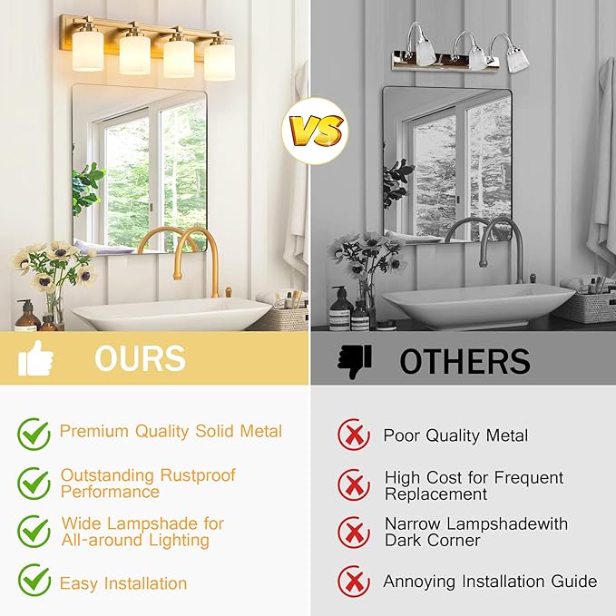 4 Light Modern Bathroom Light Fixtures Over Mirror, Brass Finish Vanity Lights for Bathroom Wall Sconces with Milky White Glass Shades, E26 Socket (Bulbs Not Included)