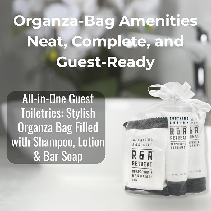 R&R Retreat Hotel Toiletry Sets - 30 Pre-Assembled 3-Piece Guest Amenities in Organza Bags - 2-in-1 Conditioning Shampoo, Body Lotion & Sachet-Wrapped Soap - Grapefruit & Bergamot Scent