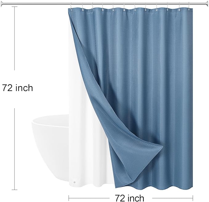 3 in 1 Shower Curtain Set, Moonlight Blue Waffle Shower Curtain and PEVA Liner Set with 12 Stainless Steel Shower Curtain Hooks, Fabric Cloth Shower Curtains for Bathroom, 72 W x 72 H