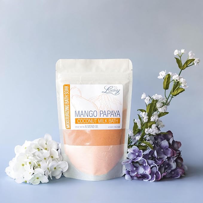 Luxiny Vegan Milk Bath Soak Made with Coconut Milk Powder & Sweet Almond Oil Which Creates A Bath Bomb Dust Soothing Fizz, 8oz (Mango Papaya)