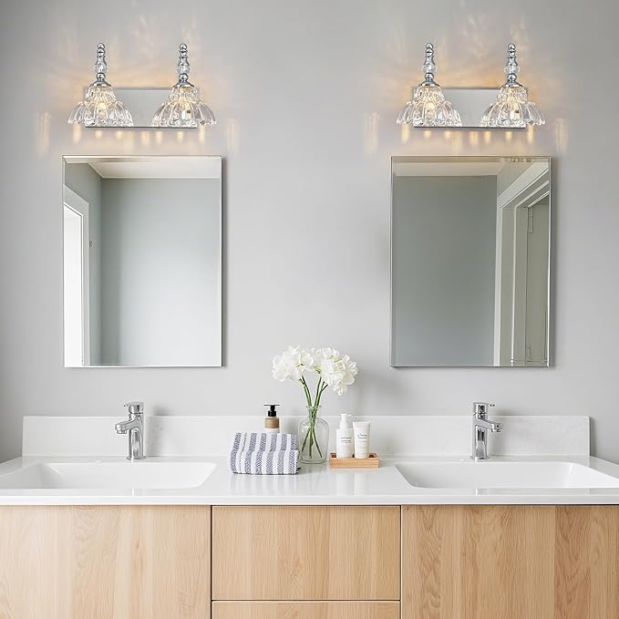 Vintage Bathroom Vanity Light, 2-Light Chrome Vanity Lighting Fixture with Flower Glass Shade, Bathroom Lighting Fixtures Over Mirror