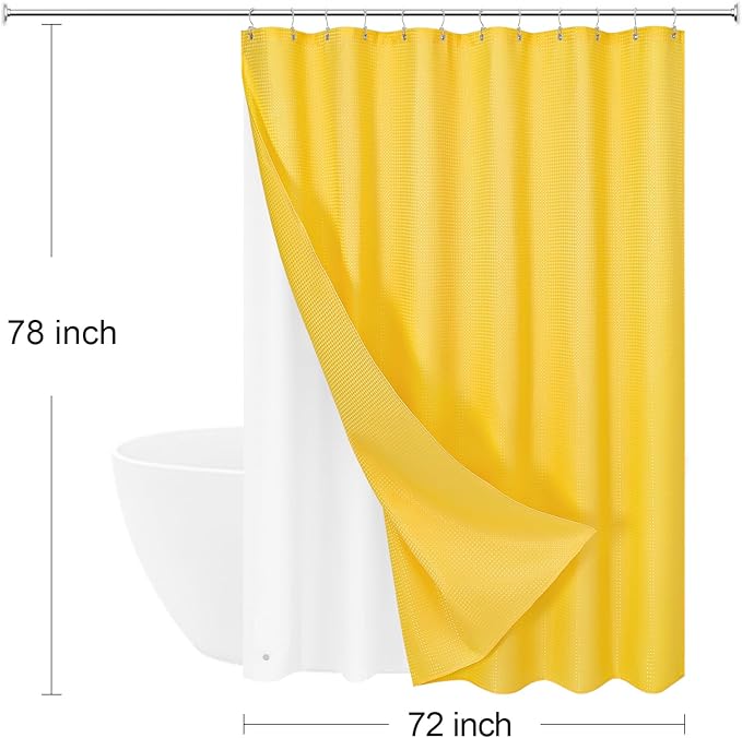 3 in 1 Long Yellow Shower Curtain Set-72 W x 78 H, Modern Waffle and PEVA Liner Set with 12 Stainless Steel Hooks, Waterproof Fabric for Bathroom