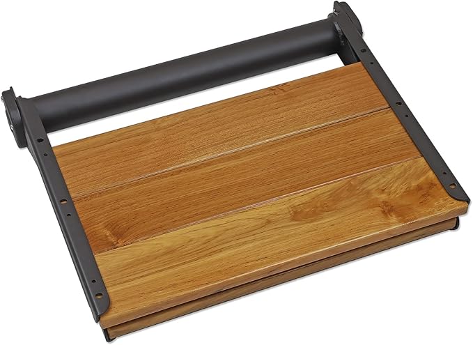 Home Aesthetics 18" ADA Compliant Wall-Mounted Folding Serena Teak Wood Shower Bench Seat with Matte Black Frame, Clear Coated for Extra Protection