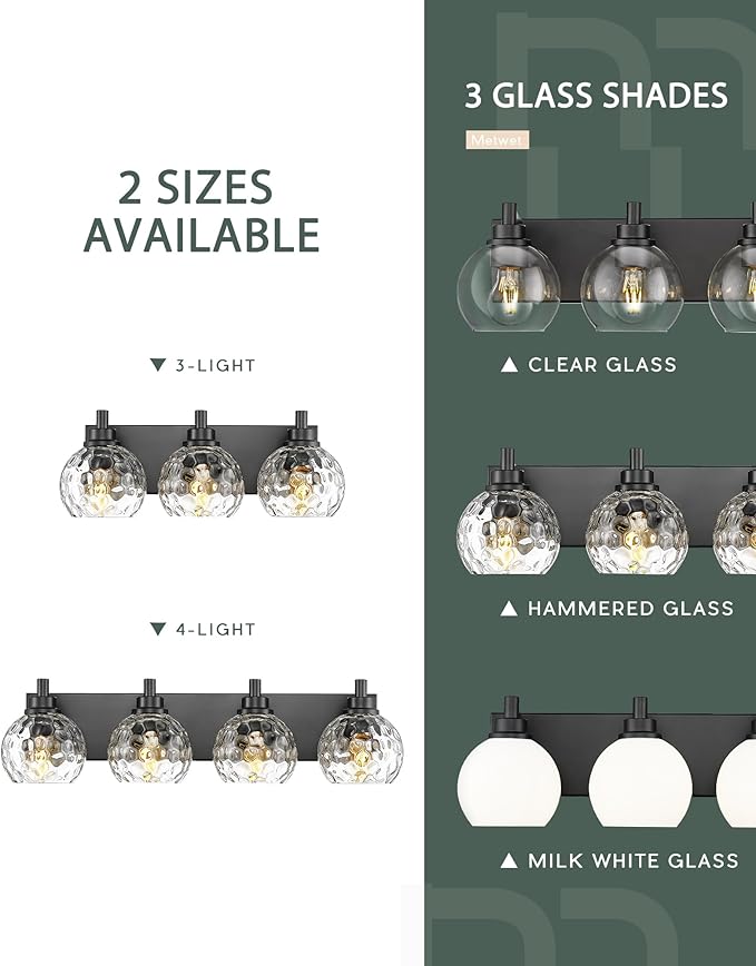 Bathroom Light Fixtures Over Mirror, 26" Matte Black Vanity Light with Clear Hammered Glass Globe Shade, 4-Light Modern Sconces Wall Lighting for Bedroom Hallway, VL200-MB-CL-4