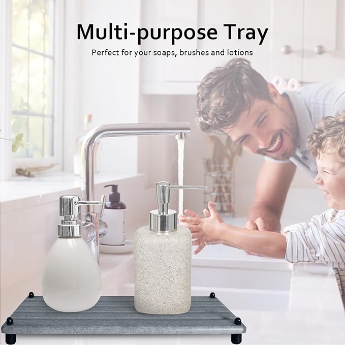 2 PCS Water Absorbing Stone Trays for Bathroom Counter, Fast-Drying Faucet Mat for Kitchen Sink, Diatomite Sink Caddy, Hand Soap Holder with Anti-Skid Feet(11" x 4.7" Gray)