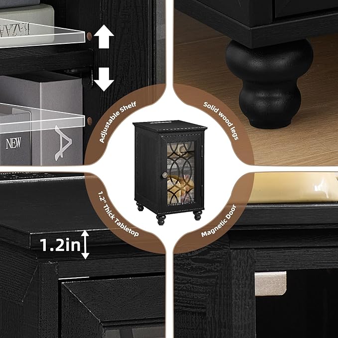 Narrow Side Table with Charging Station Set of 2, Night Stand with Glass Door,Bedside End Tables with Adjustable Shelf Storage Cabinet,Wood Nightstand for Small Spaces Living Room Bedroom