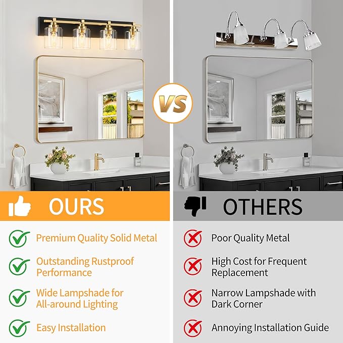 4 Light Modern Bathroom Light Fixtures Over Mirror, Black Gold Vanity Lights for Bathroom Wall Sconces with Clear Glass Shades, E26 Socket (Bulbs Not Included)