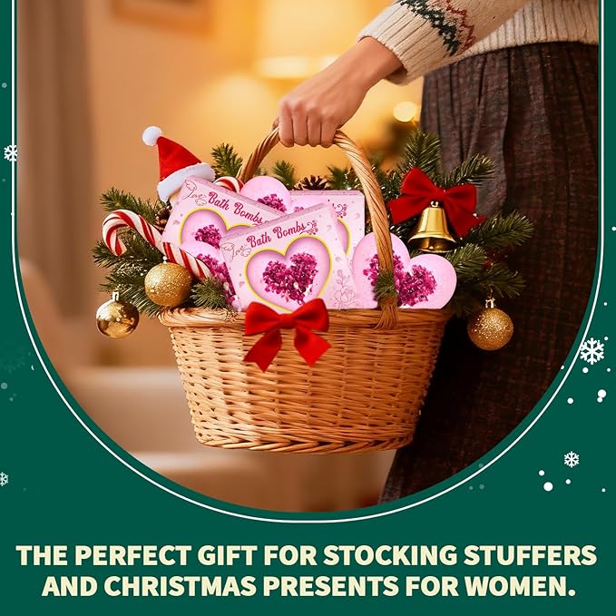 Christmas Bath Bombs Stocking Stuffers for Women Mom Her Gifts Set, Organic Heart Shaped White Elephant Gifts for Adults, Handmade Natural with Rose Essential Oil, Perfect Teen Girl Gifts for Wife