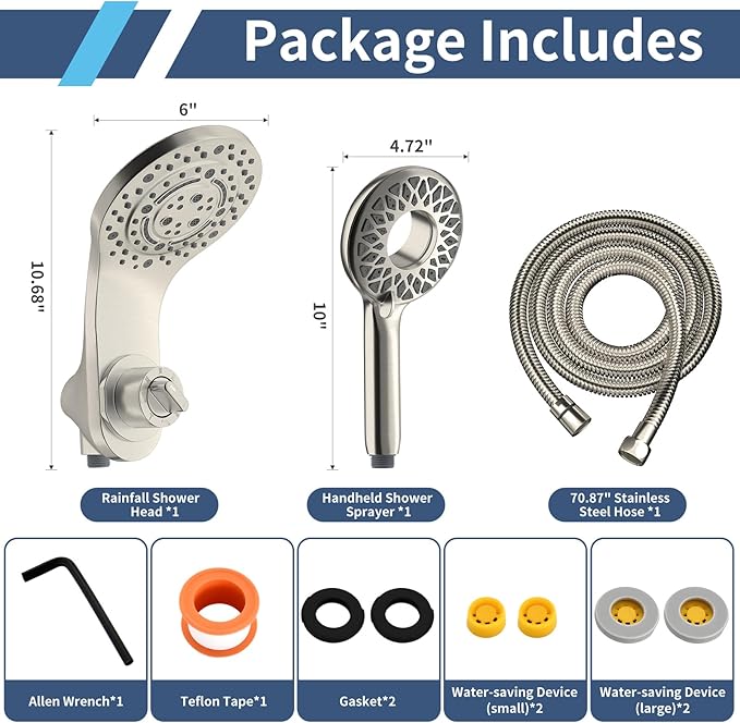 KAIYING Magnetic Rain Shower Head with Handheld Spray Combo, High Pressure Magnetix Dual Shower Head with 9 Spray Modes, Bathroom Big Modern Waterfall Showerhead with 5 Settings (Brushed Nickel)