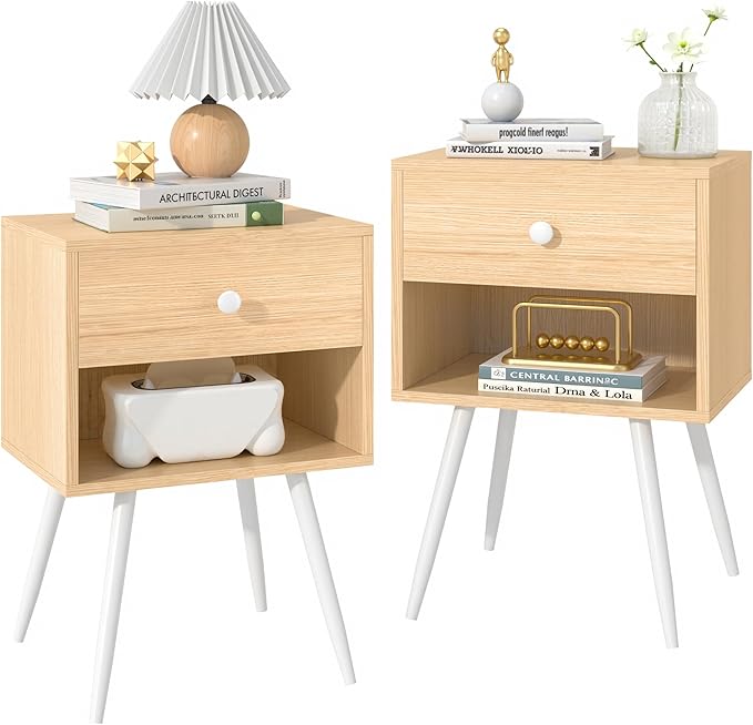 VECELO Nightstands Set of 2, Mid Century Modern End Bedside Table, Night Stand with Storage Drawer and 2 Tiers Open Shelf for Small Place, Bedroom, Living Room, Easy Assembly, Oak Wood