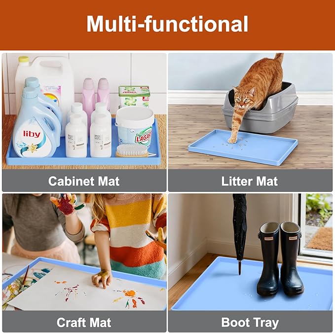 19” x 12” Heavy Duty Waterproof Silicone Mat with Raised Edge, BPA Free Non-Slip Dog & Cat Food Mat, Feeding Mat for Food and Water Bowls, Spill Proof Mat to Protect Floors, Blue