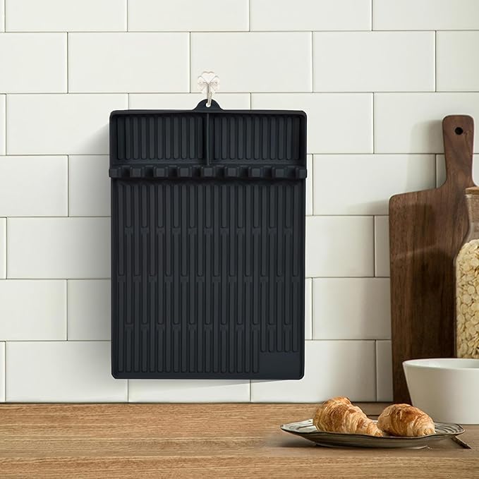 3 in 1 Silicone Griddle Tools Mat for Blackstone, Large Grill Side Shelf Mat, Heat Resistant Silicone Spatula Mat with Drip Pad, Utensil Rest with Drip Pad for Kitchen, Stovetop, Countertop- Black