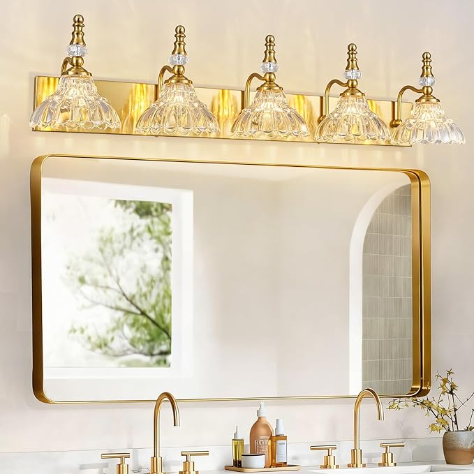 Vintage Bathroom Vanity Light, 5-Light Gold Vanity Lighting Fixture with Flower Glass Shade, Bathroom Lighting Fixtures Over Mirror