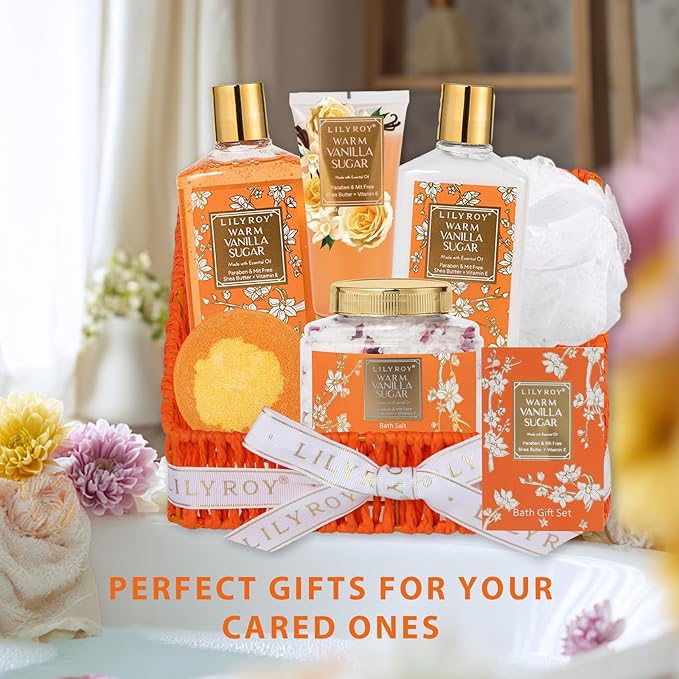 Christmas Gifts for Women - 7 Pcs Vanilla Bath and Body Gift Basket Set Spa Gift Basket Set for Women with Bath Bomb | Perfect Valentine's, Birthday, Mothers Day for Mom, Gift Set for Her All Occasion