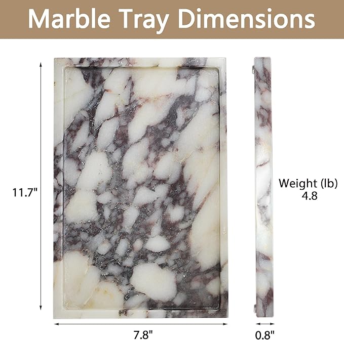 100% Real Luxury Natural Marble Vanity Tray Genuine Calacatta Viola Marble Stone Storage Trays for Home Decor Bathroom Vanity Dresser Kitchen, Non-Resin/Non-Ceramic, 11.7" x 7.8"
