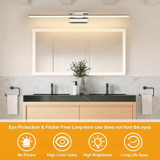 40 Inch LED Bathroom Vanity Light (3000K/4000K/6000K, Dimmable), Chrome Modern Bathroom Light Fixture Over Mirror, Vanity Light Bar with Angle Adjustable