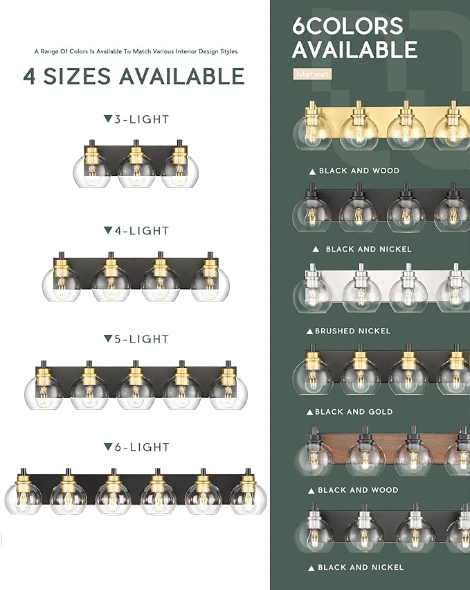 Bathroom Light Fixtures, 3-Light Black and Gold Bathroom Vanity Light, Modern Wall Sconces with Globe Clear Glass Shade, Vanity Lighting Fixtures Over Mirror, VL195-KG-3