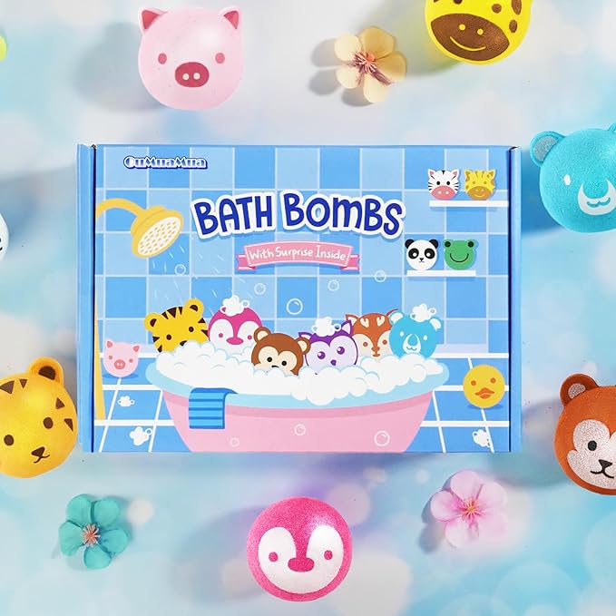Bath Bombs for Kids with Surprise Toys Inside, 12 Pcs Bubble Bath Fizzy Balls with 12 Animal Shapes, Natural Bath Bombs Easter Christmas Children's Day Gift Set for Kids Girls Boys Toddlers