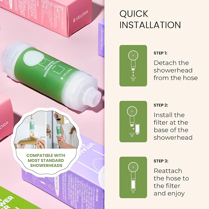 VELORA Vitamin C Shower Filter - Forest-Scented Aromatherapy Shower Water Filter and Softener - Universal Showerhead Bathroom Attachment - Replenish Dry Skin, Soften and Nourish Hair