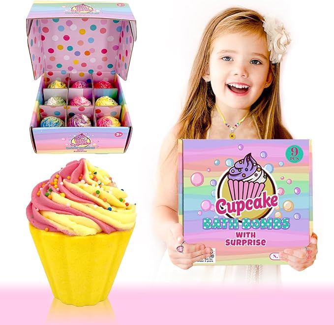 9 Pack Cupcake Bath Bombs for Kids with Surprise Inside, Kids Bath Salts with Jewelry Inside for Princess Girls, Super Large Kids Bath Balls for Children…