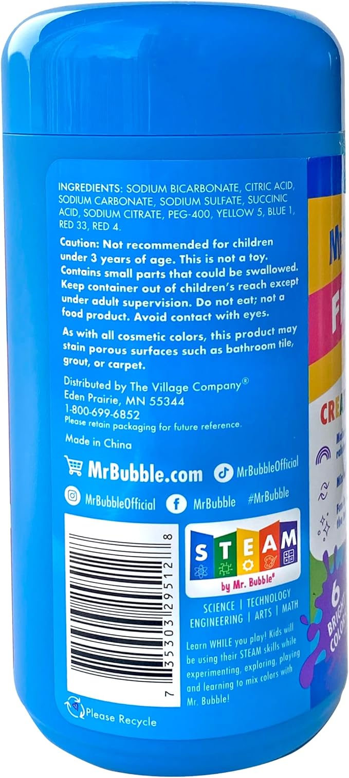 Mr. Bubble Fizzy Tub Colors Bath Water Coloring Tabelets, 6 Bright Colors, Red, Orange, Yellow, Purple, Blue and Green, Fragrance Free, Cap Makes Colorful Waterfall (3 Jars, 150 Tablets Each)