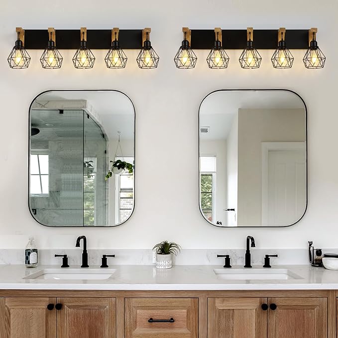 5-Light Farmhouse Bathroom Vanity Light Fixtures, Wood Bathroom Light Over Mirror, Rustic Sconces Wall Lighting with Elegant Metal Lampshade for Living Room, Bedroom, Hallwayā¦