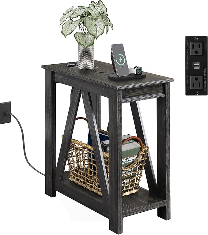 WLIVE Narrow End Table with Charging Station of Open Storage Shelf, Sofa Side Table with 2 USB Ports and 2 Power Outlets, Slim Farmhouse End Table for Small Spaces, 11.8" D x 23.6" W x 23.74" H