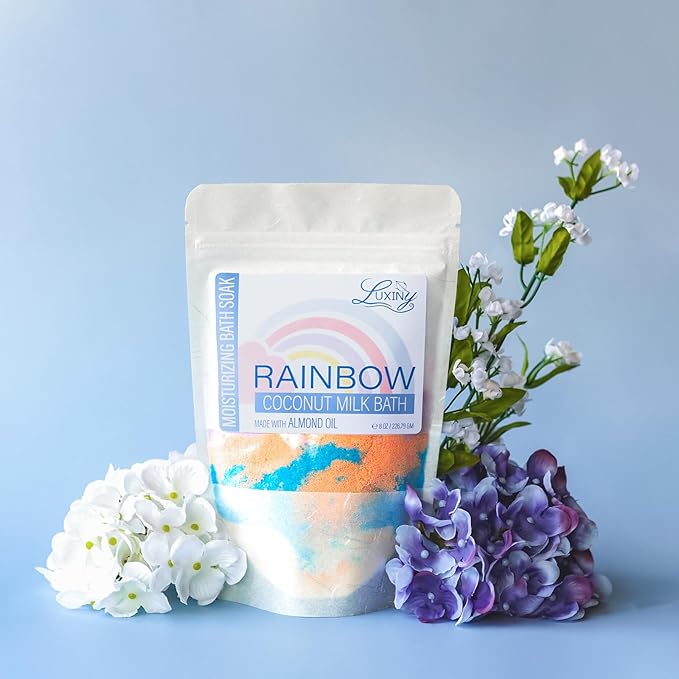 Luxiny Vegan Milk Bath Soak Made with Coconut Milk Powder & Sweet Almond Oil Which Creates A Bath Bomb Dust Soothing Fizz, 8oz (Rainbow)